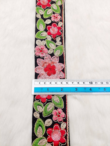 Black Silk Fabric Embroidered Trim, Floral Embroidery Indian Sari Border Trim By Yard Decorative Trim Craft Lace, Sequins Trim